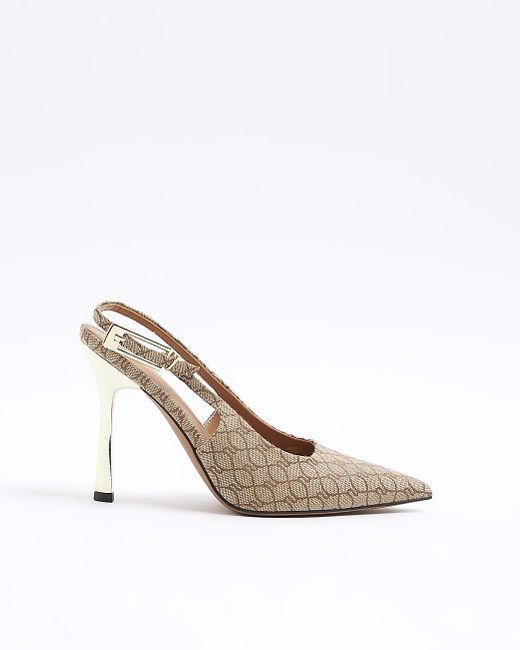River Island White Court Shoes Monogram Sling Back Heeled Textile