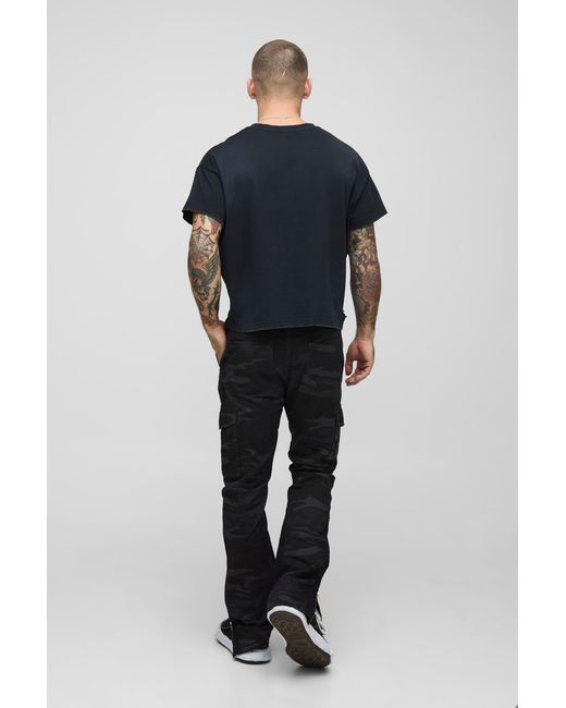 BoohooMAN Black Slim Flare Gusset Camo Cargo Pants for men