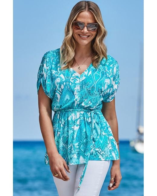 Sosandar Blue Aqua Paisley Print Tie Waist Tunic Top