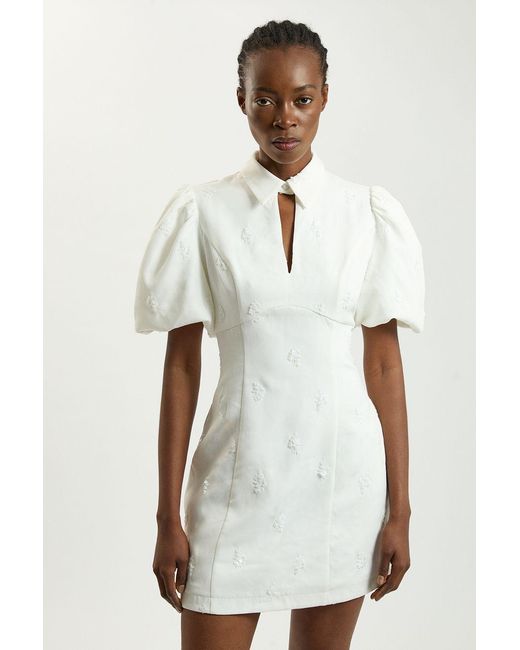 Karen Millen White Embellished Short Sleeve Woven Mini Dress