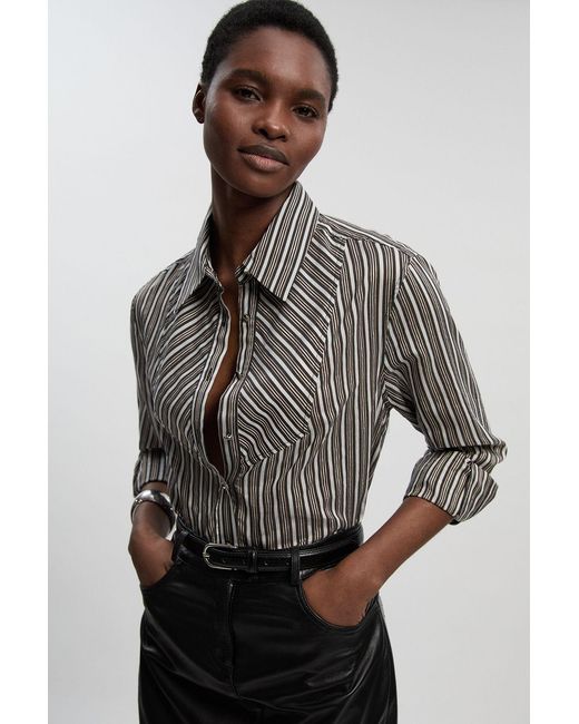 Karen Millen Gray Poplin Stripe Bib Woven Shirt