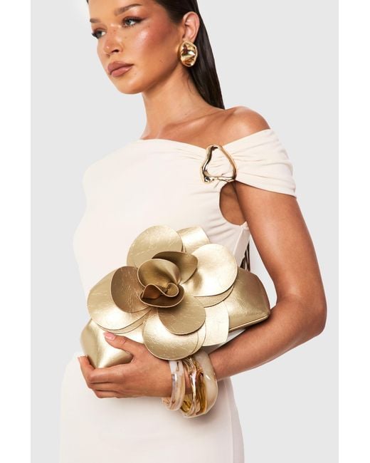 Boohoo Metallic Statement Flower Clutch Bag