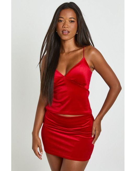 Boohoo Red Velvet V Neck Strappy Top And Mini Skirt Co-Ord