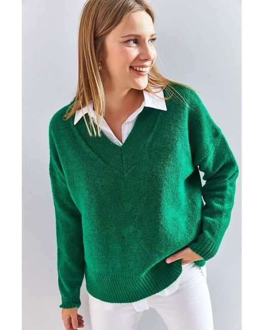 Bianco Lucci Green V-Neck Long Sleeve Sweater