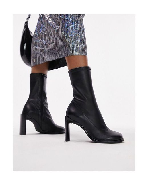 TOPSHOP Blue Bowie Premium Leather Round Toe Heeled Boot