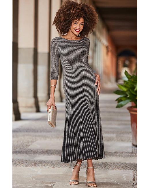 Sosandar Gray Metallic Ombre Knitted Fit & Flare Dress