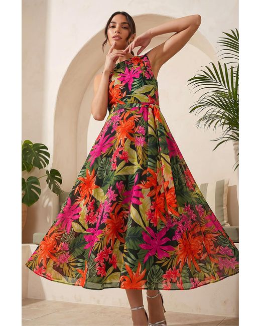 Roman Black Leaf Print Chiffon Pleat Neck Midi Dress