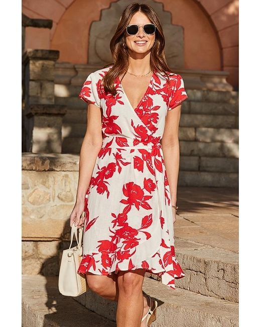 Sosandar Red Tropical Floral Print Wrap Dress With Linen