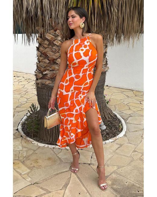 AX Paris Orange Giraffe Print Racer Neck High Low Frill Hem Midi Dress