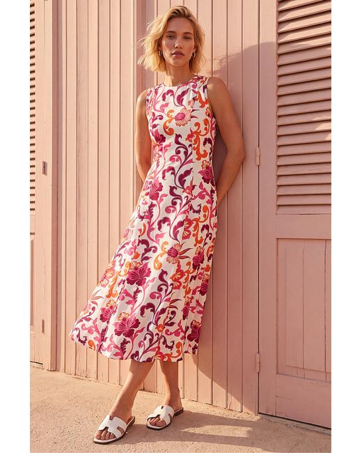 Roman Red Floral Pleated A-Line Midi Dress