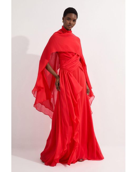 Karen Millen Red Crinkle Cross Front Georgette Woven Maxi Dress