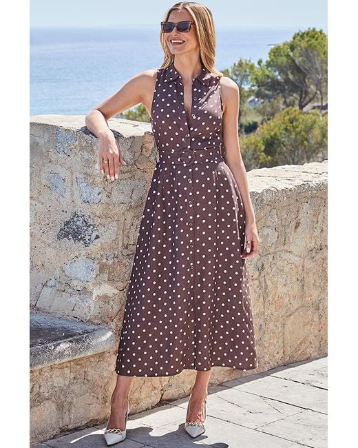 Sosandar Brown Spot Print Linen Blend Midi Shirt Dress