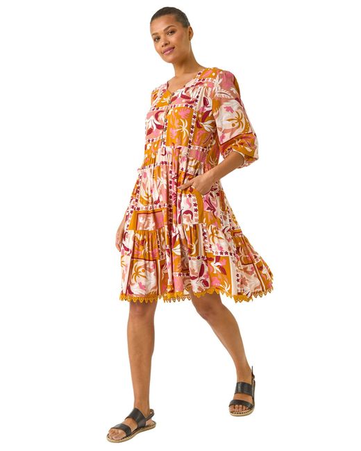 Roman Orange Patchwork Smock V-Neck Dress