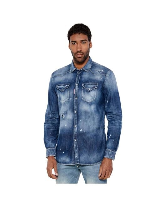 DSquared² Blue Cool Guy Western Shirt Cotton for men