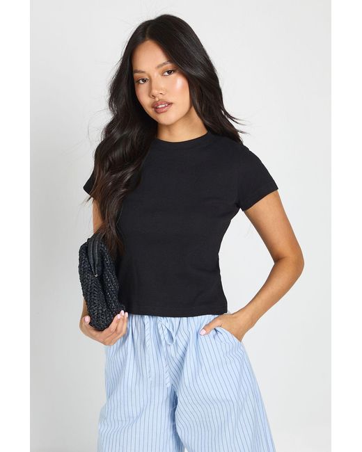 Boohoo Blue Petite Basic Rib Short Sleeve Fitted Top