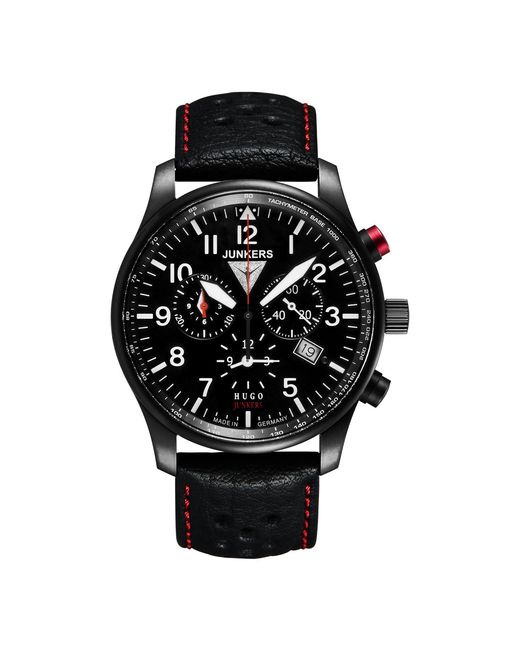 Junkers Original Black 6680-4 Quartz Watch 42Mm Dial Leather Strap With Stitching, Luminous Hands, Date Display, 10Atm Water Resistant for men
