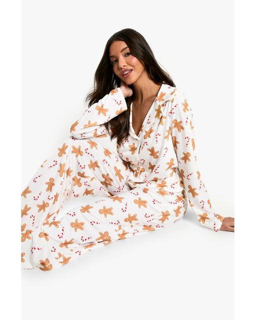 Boohoo Natural Christmas Gingerbread Print Long Sleeve Shirt & Pants Pyjama Set