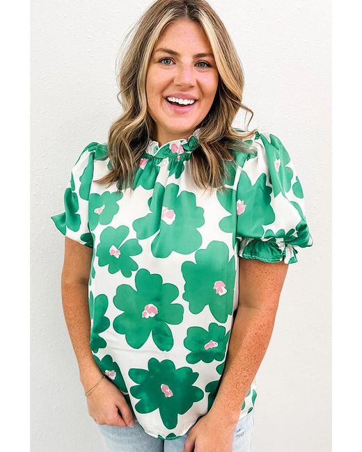 Azura Exchange Green Grüne Blumenshirt Mit Puffärmeln Und Rüschenausschnitt