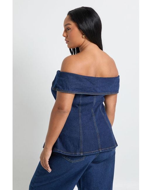 Boohoo Blue Plus Bardot Button Down Denim Top