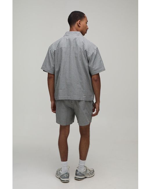 BoohooMAN Gray Micro Check Boxy Oversized Embroidered Shirt & Short Set for men