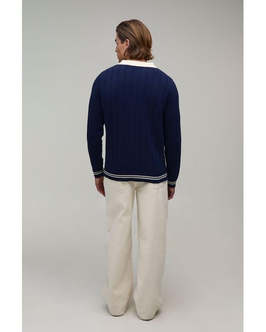 BoohooMAN Blue Regular Fit V Neck Ribbed Knitted Polo for men