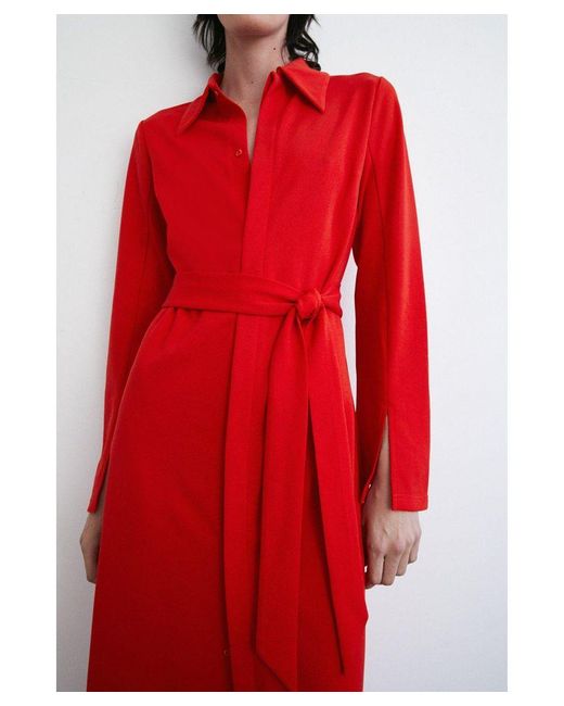 Warehouse Red Jersey Crepe Statement Collar Shirt Midi Dress