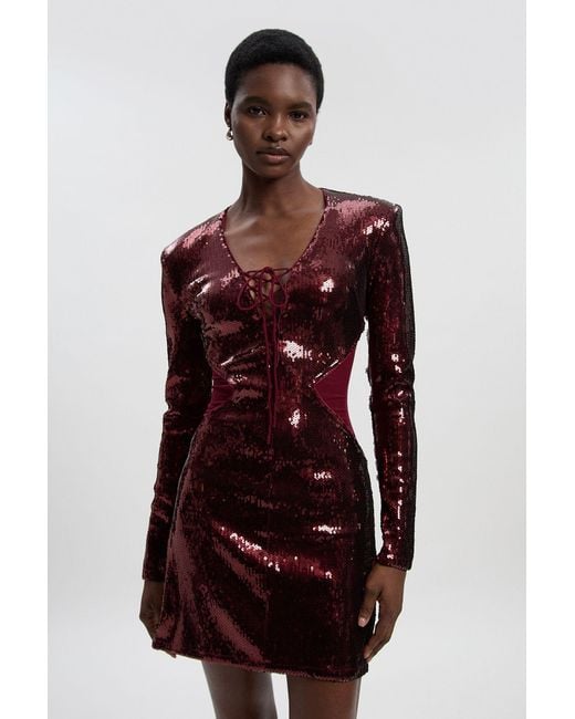 Karen Millen Red Tall Sequin Power Mesh Lace Up Mini Dress