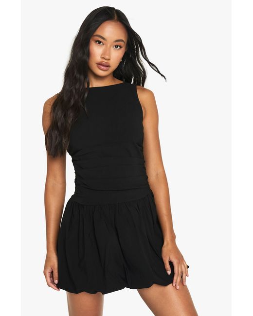 Boohoo Black Tailored Slash Neck Puff Ball Mini Dress