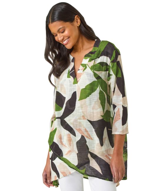 Roman Green Leaf Print Wrap Front Tunic Top