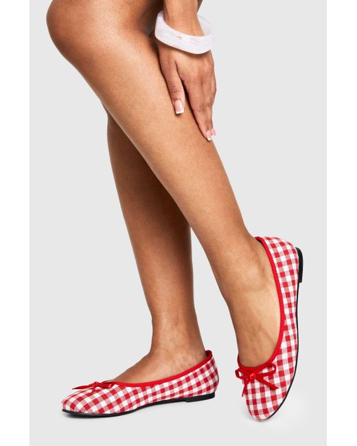 Boohoo Red Gingham Bow Round Toe Ballet Flats