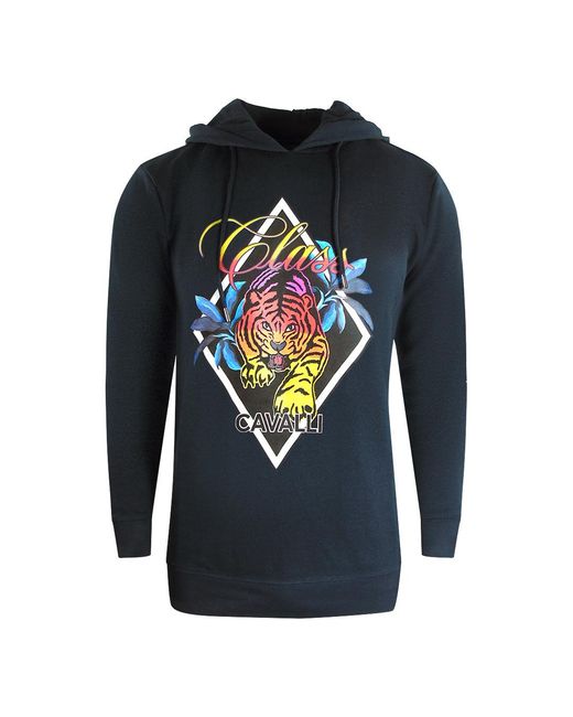 Roberto Cavalli Blue Cavalli Class Diamond Tiger Design Hoodie for men