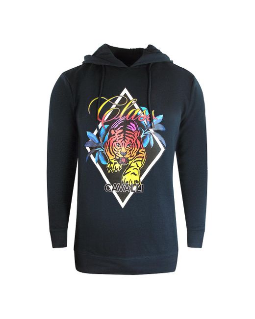 Roberto Cavalli Blue Cavalli Class Diamond Tiger Design Hoodie for men