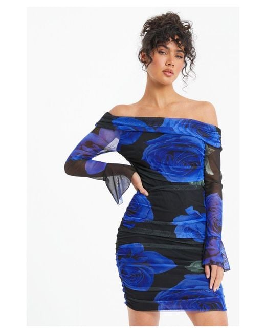 Quiz Blue Mesh Bardot Bodycon Dress