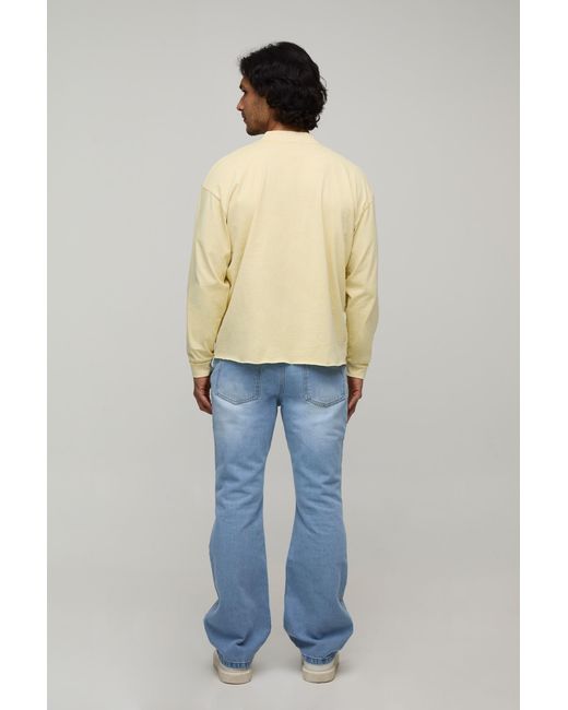 BoohooMAN Natural Washed Oversized Boxy Magazine Print Raw Hem Long Sleeve T-Shirt Cotton for men