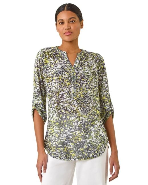Roman Green Animal Print Burnout V-Neck Stretch Shirt