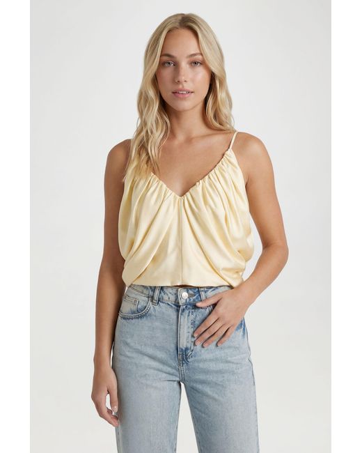 Boohoo Blue Satin Puffball Cami Blouse