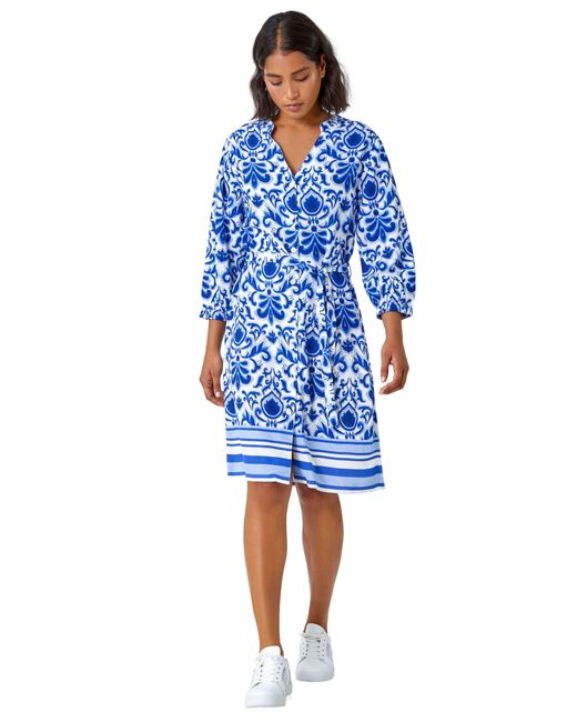 Roman Blue Abstract Border Print Shirt Dress