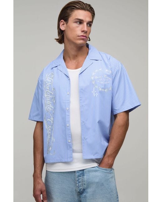 BoohooMAN Blue Oversized Crop Graffiti Print Half Sleeve Shirt for men
