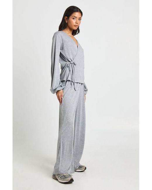 Boohoo Gray Wrap Tie Waist Marl Top And Trouser Co Ord