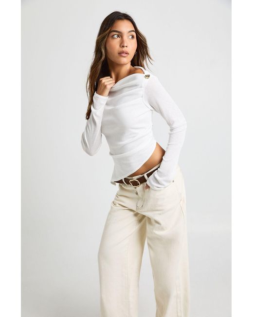 Boohoo White Double Layer Textured Mesh Flared Long Sleeve Top With Button Trim