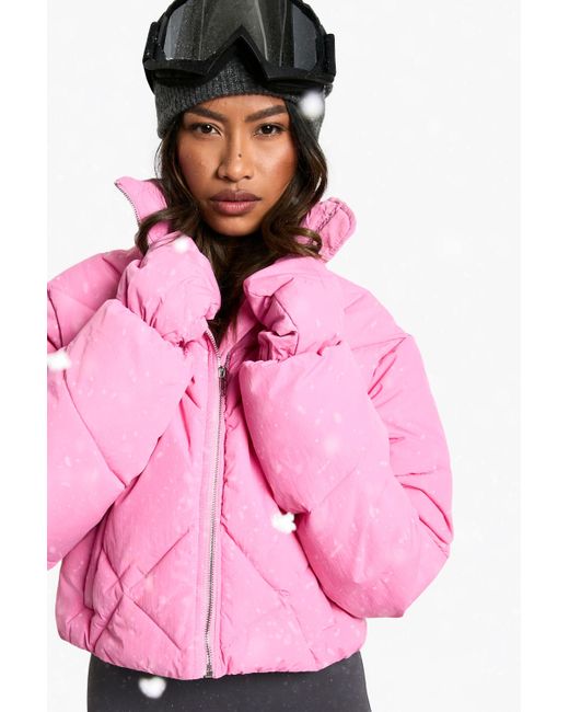 Boohoo Pink Ski Puffer Jacket With Gloves