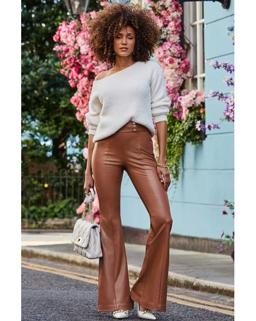 Sosandar Brown Tan Button Detail Flared Faux Leather Trousers