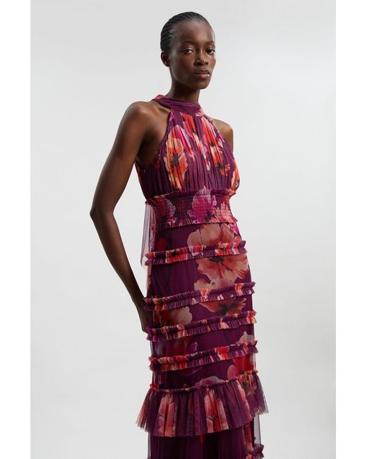 Karen Millen Red Petite Floral Tulle Halter Neck Woven Maxi Dress