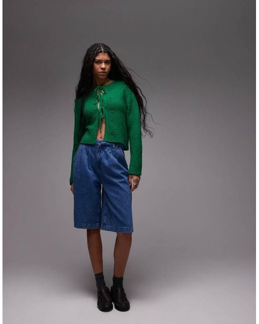 TOPSHOP Green Knitted Pointelle Tie Cardi
