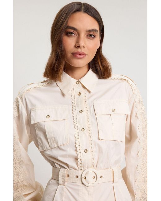 Karen Millen Natural Cotton Sateen With Lace Trim Pocket Detail Playsuit