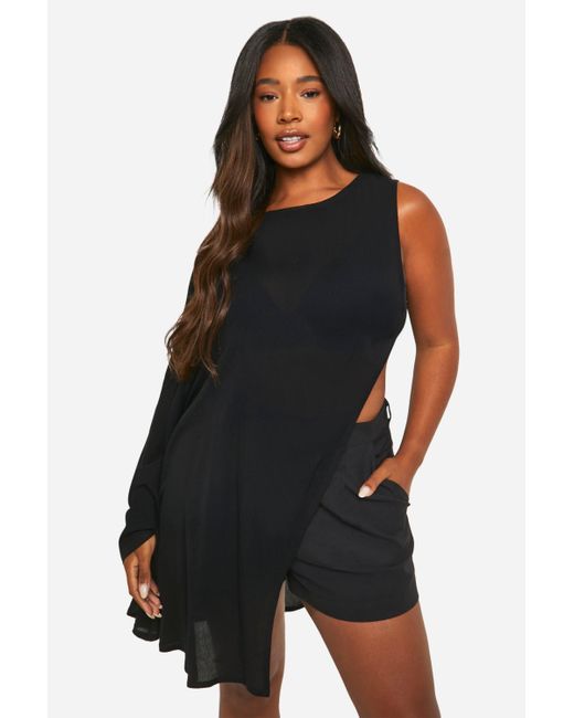 Boohoo Black Plus Cheesecloth High Neck Longline Top
