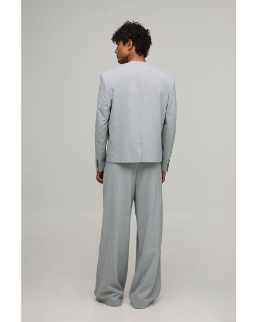 BoohooMAN Gray Tailored Double Pleat Belted Wide Fit Suit Trousers