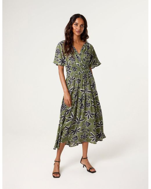 Blue Vanilla Green Notch Neck Elastic Tropical Print Dress