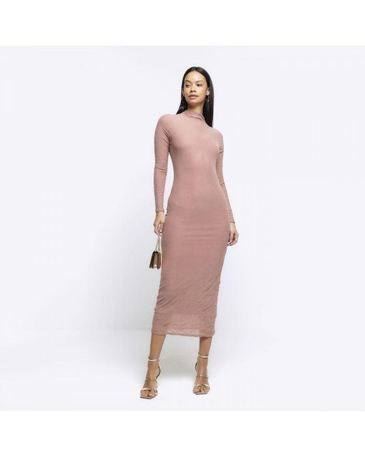 River Island Pink Bodycon Midi Dress Mesh Long Sleeve