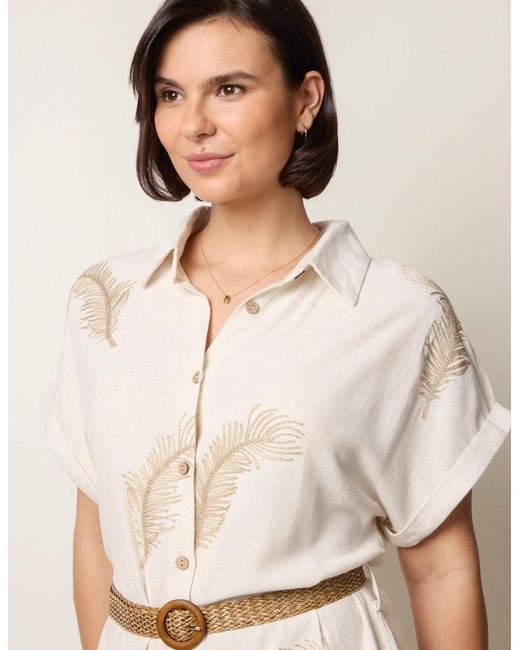 Blue Vanilla Natural Linen Belted Dress With Feather Embroidery